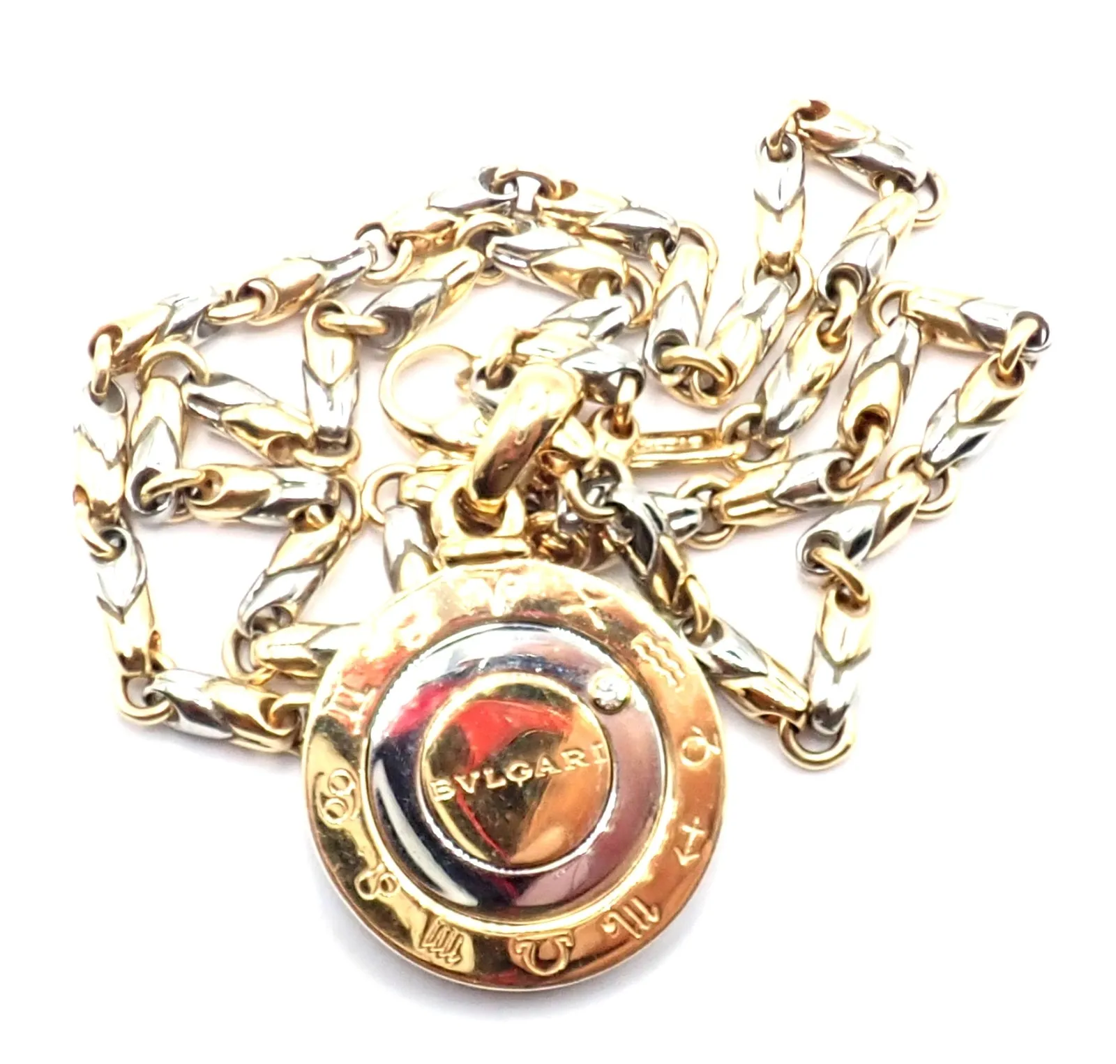 Authentic! Bulgari Bvlgari 18k Yellow Gold Steel Diamond Zodiac Pendant Necklace