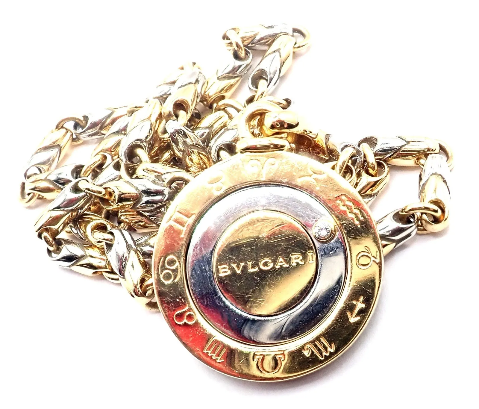 Authentic! Bulgari Bvlgari 18k Yellow Gold Steel Diamond Zodiac Pendant Necklace