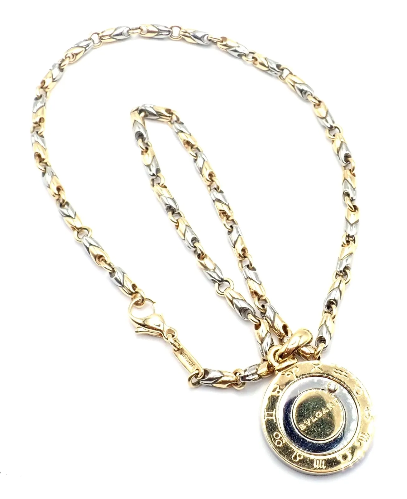 Authentic! Bulgari Bvlgari 18k Yellow Gold Steel Diamond Zodiac Pendant Necklace