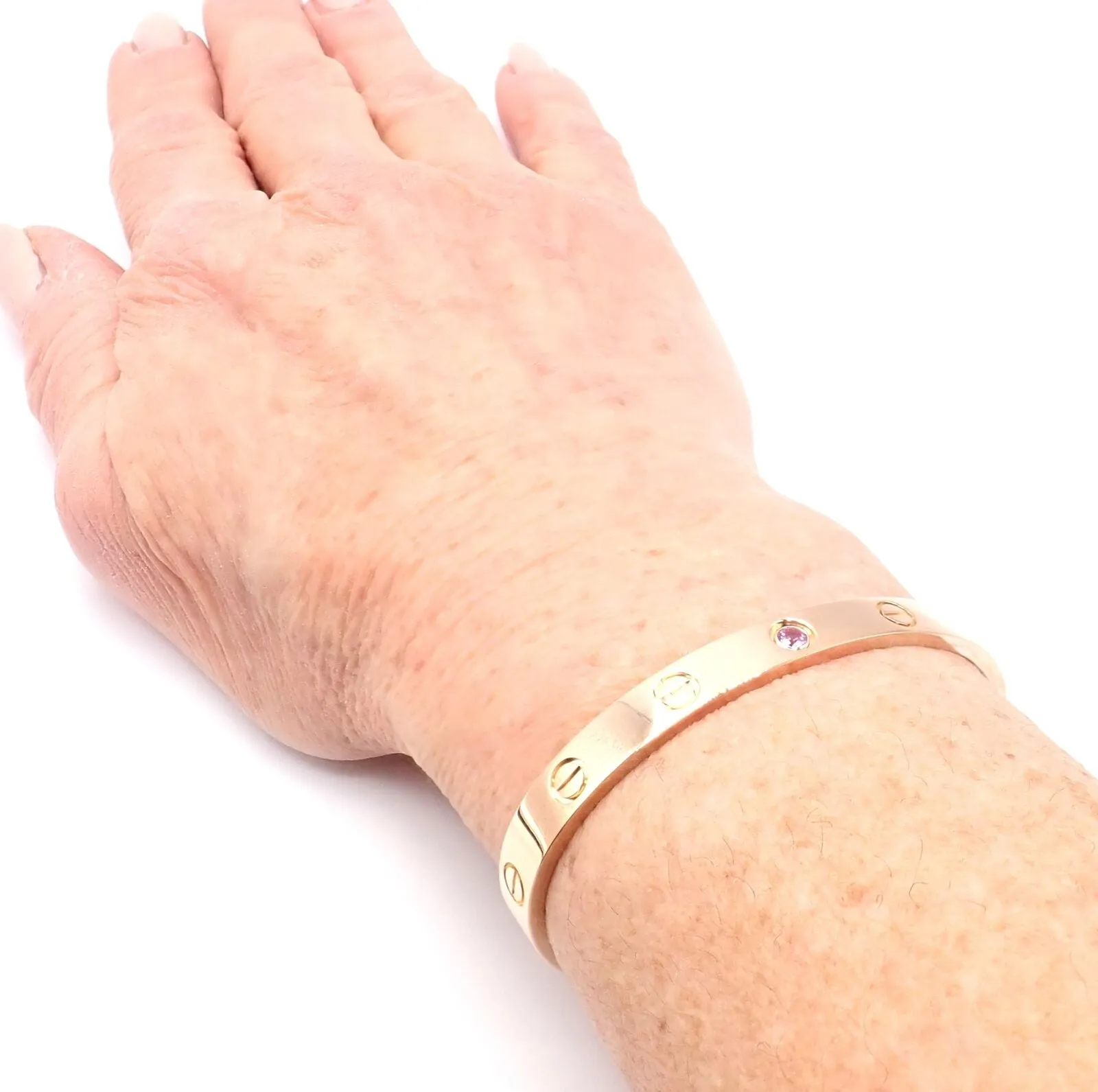 Authentic! Cartier 18k Rose Gold Pink Sapphire Love Cuff Open Bracelet Size 16
