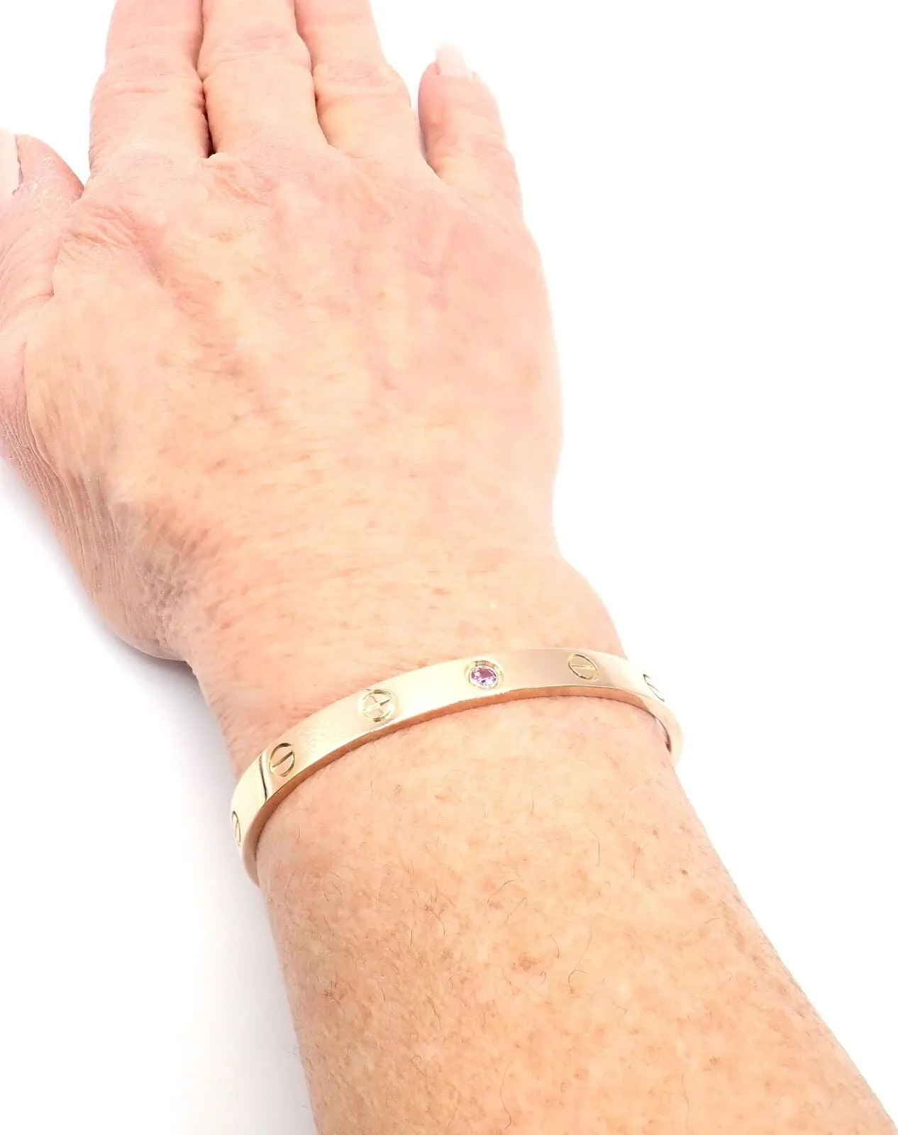 Authentic! Cartier 18k Rose Gold Pink Sapphire Love Cuff Open Bracelet Size 16