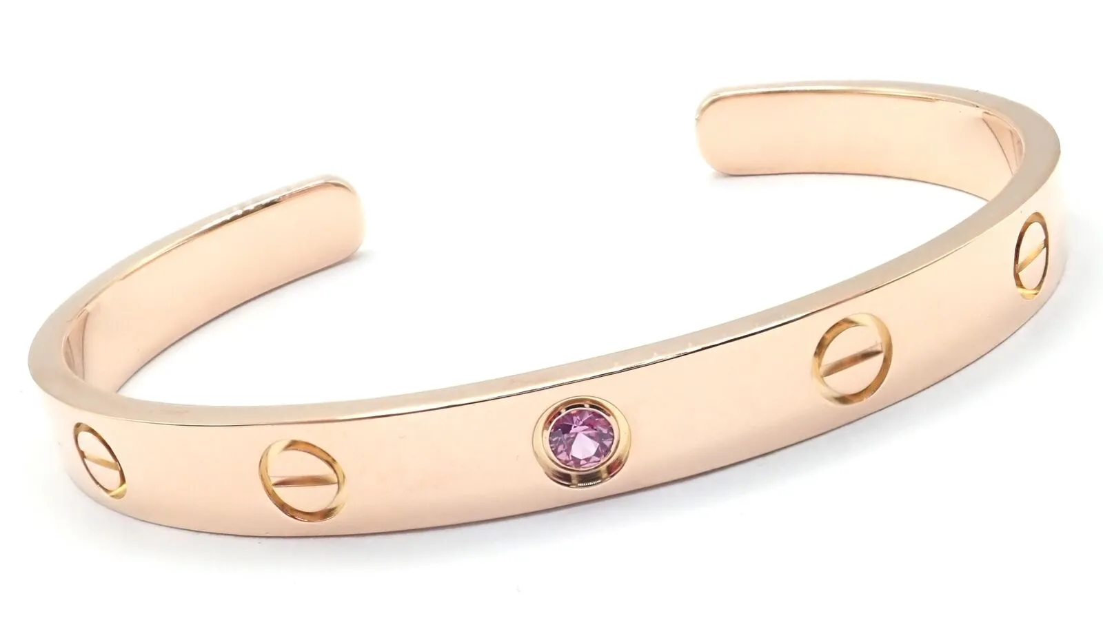 Authentic! Cartier 18k Rose Gold Pink Sapphire Love Cuff Open Bracelet Size 16