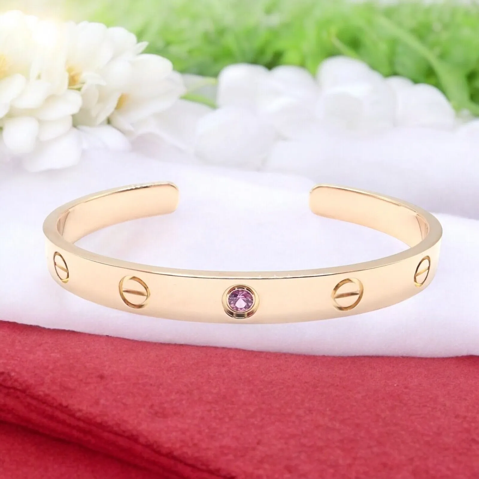 Authentic! Cartier 18k Rose Gold Pink Sapphire Love Cuff Open Bracelet Size 16