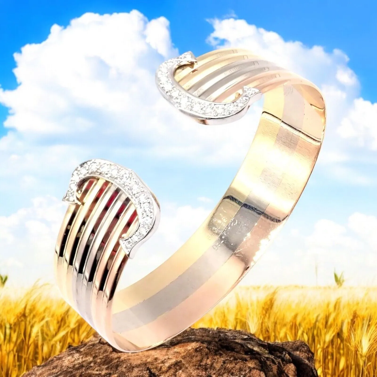 Authentic! Cartier 18k Tri-Color Gold Diamond Double C Wide Cuff Bangle Bracelet