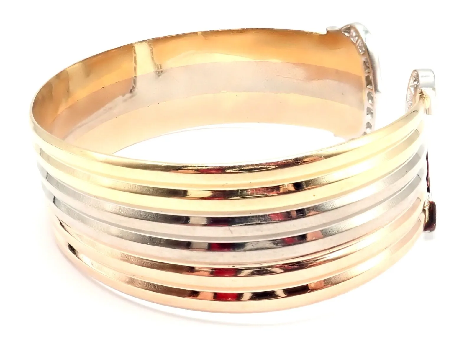 Authentic! Cartier 18k Tri-Color Gold Diamond Double C Wide Cuff Bangle Bracelet