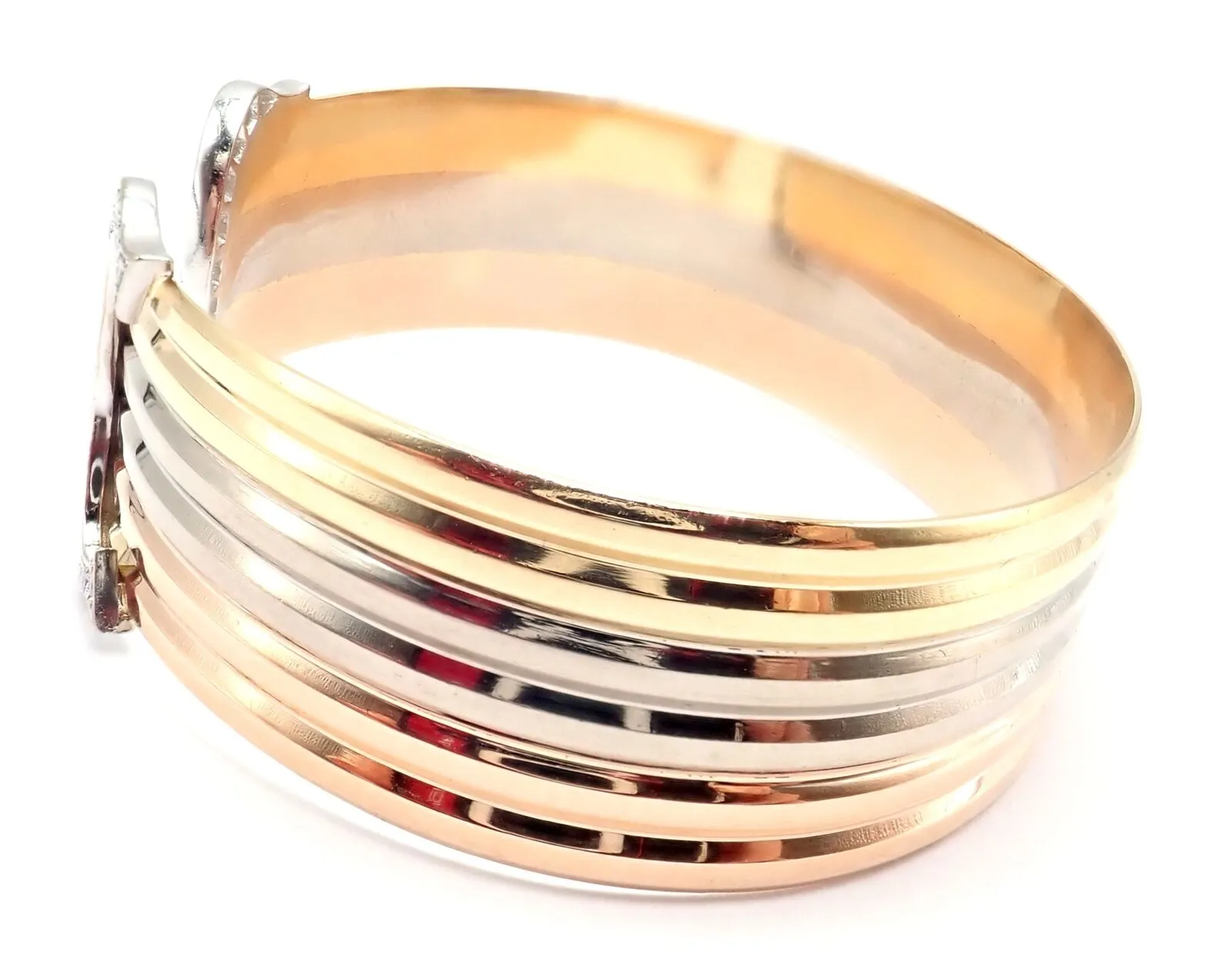 Authentic! Cartier 18k Tri-Color Gold Diamond Double C Wide Cuff Bangle Bracelet