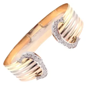 Authentic! Cartier 18k Tri-Color Gold Diamond Double C Wide Cuff Bangle Bracelet