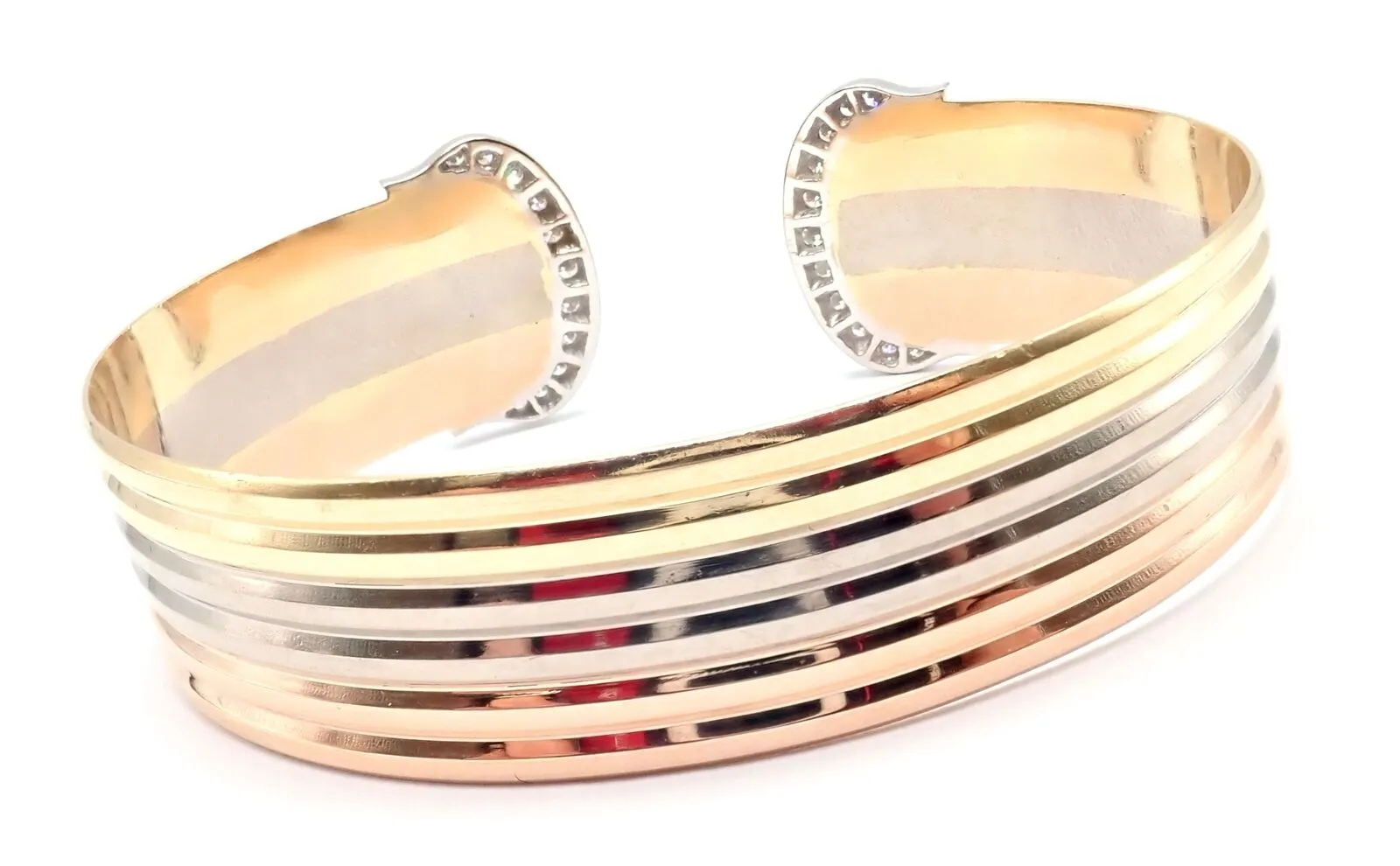Authentic! Cartier 18k Tri-Color Gold Diamond Double C Wide Cuff Bangle Bracelet