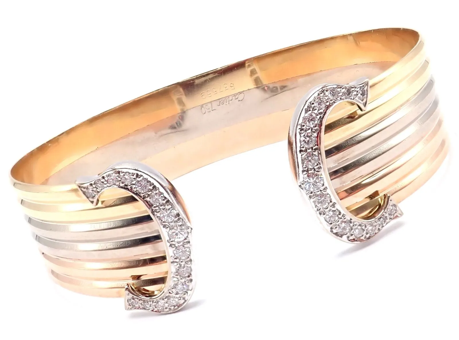 Authentic! Cartier 18k Tri-Color Gold Diamond Double C Wide Cuff Bangle Bracelet