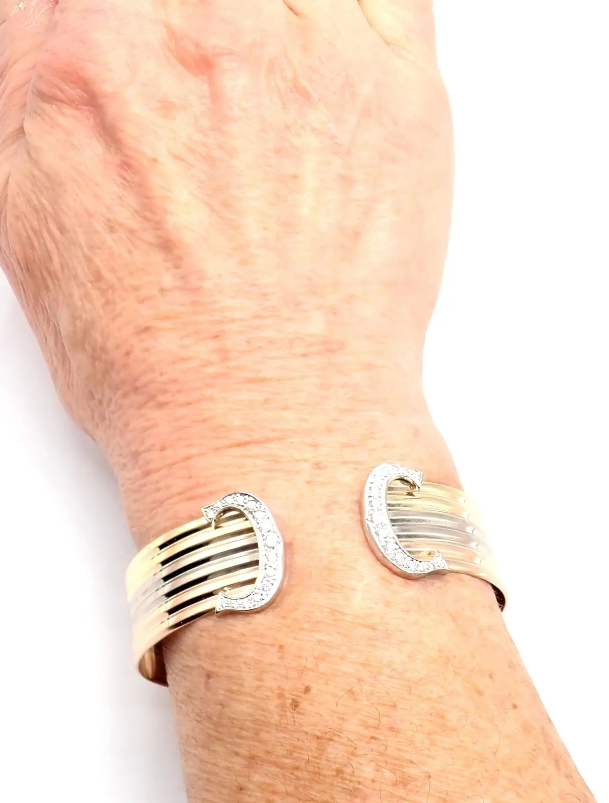 Authentic! Cartier 18k Tri-Color Gold Diamond Double C Wide Cuff Bangle Bracelet