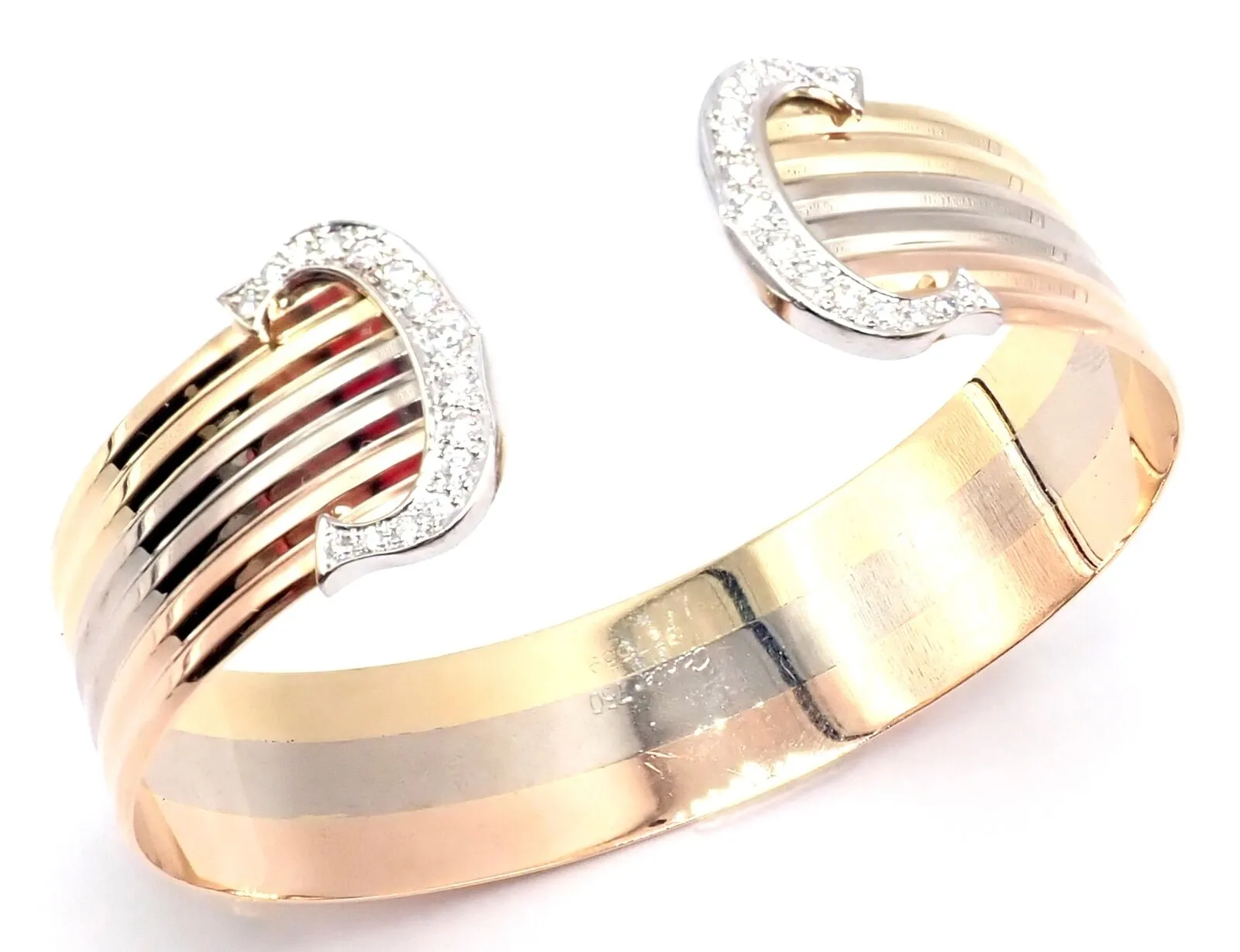 Authentic! Cartier 18k Tri-Color Gold Diamond Double C Wide Cuff Bangle Bracelet