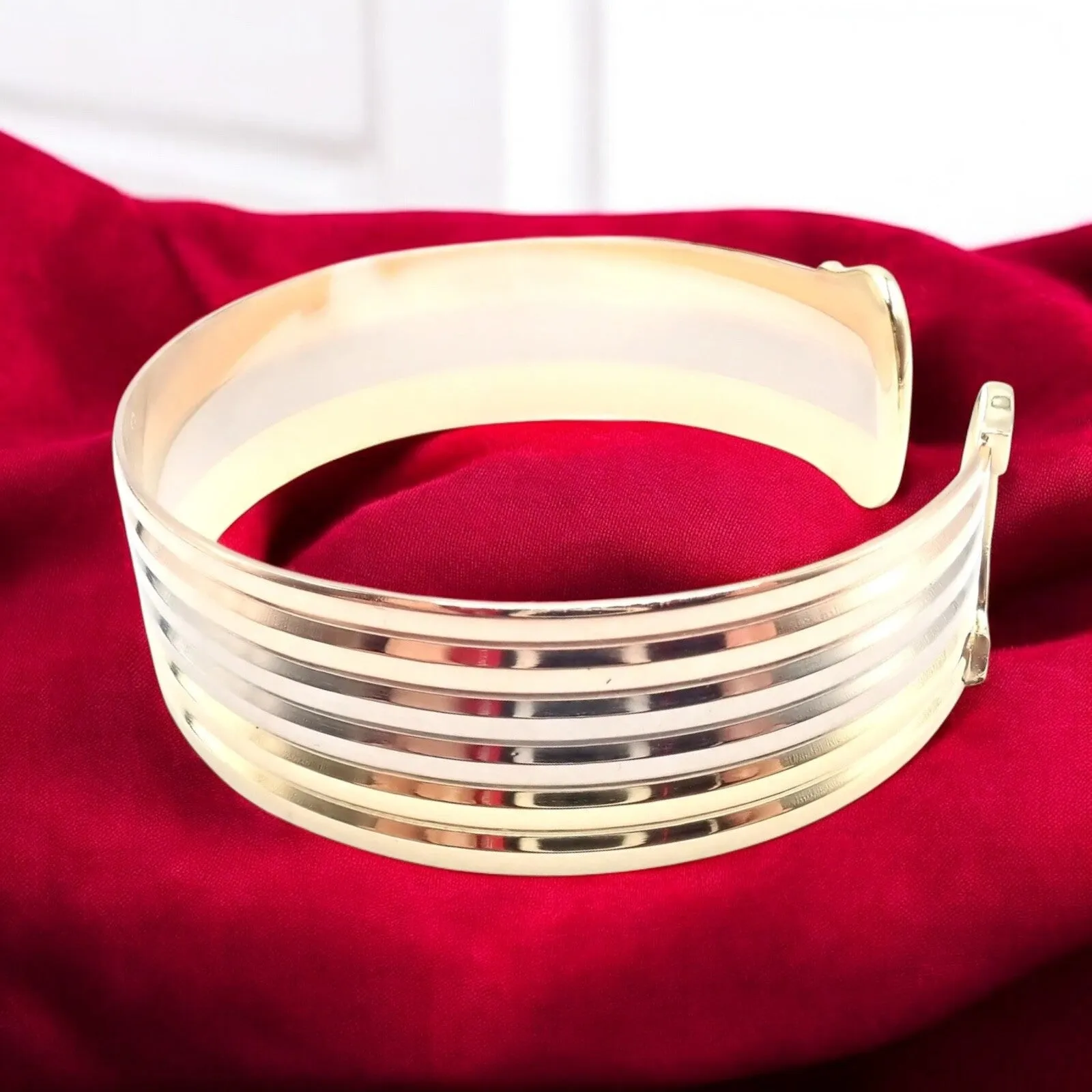 Authentic! Cartier 18k Tri-Color Gold Double C Wide Cuff Bangle Bracelet