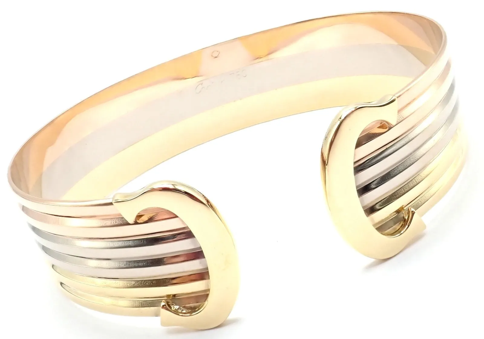 Authentic! Cartier 18k Tri-Color Gold Double C Wide Cuff Bangle Bracelet
