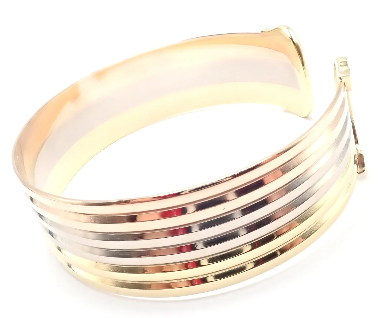 Authentic! Cartier 18k Tri-Color Gold Double C Wide Cuff Bangle Bracelet
