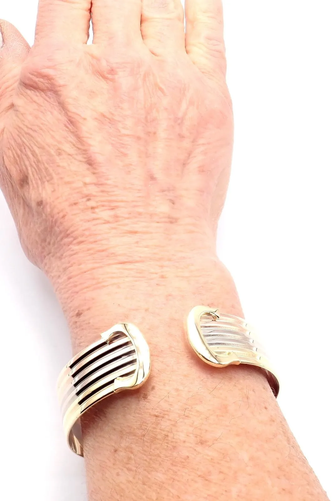 Authentic! Cartier 18k Tri-Color Gold Double C Wide Cuff Bangle Bracelet