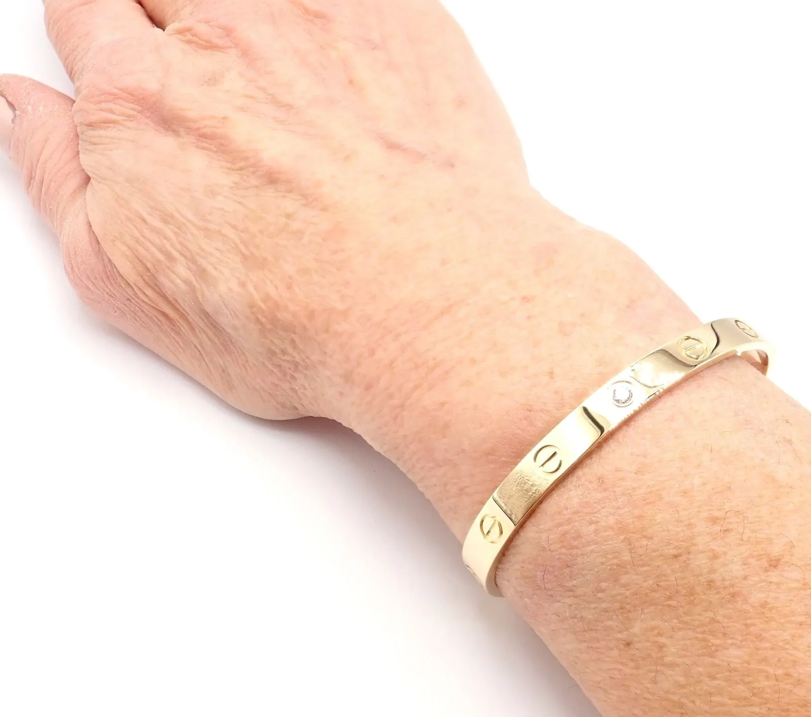 Authentic! Cartier 18k Yellow Gold Diamond Love Cuff Open Bracelet Size 17