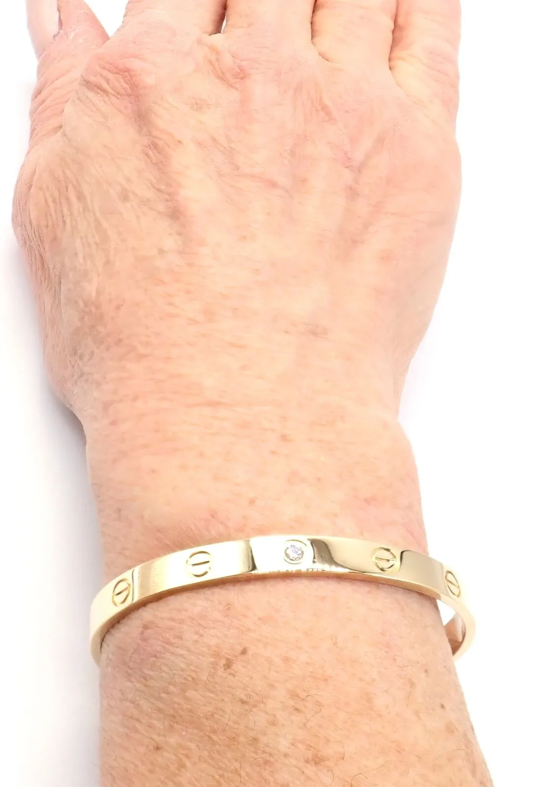 Authentic! Cartier 18k Yellow Gold Diamond Love Cuff Open Bracelet Size 17