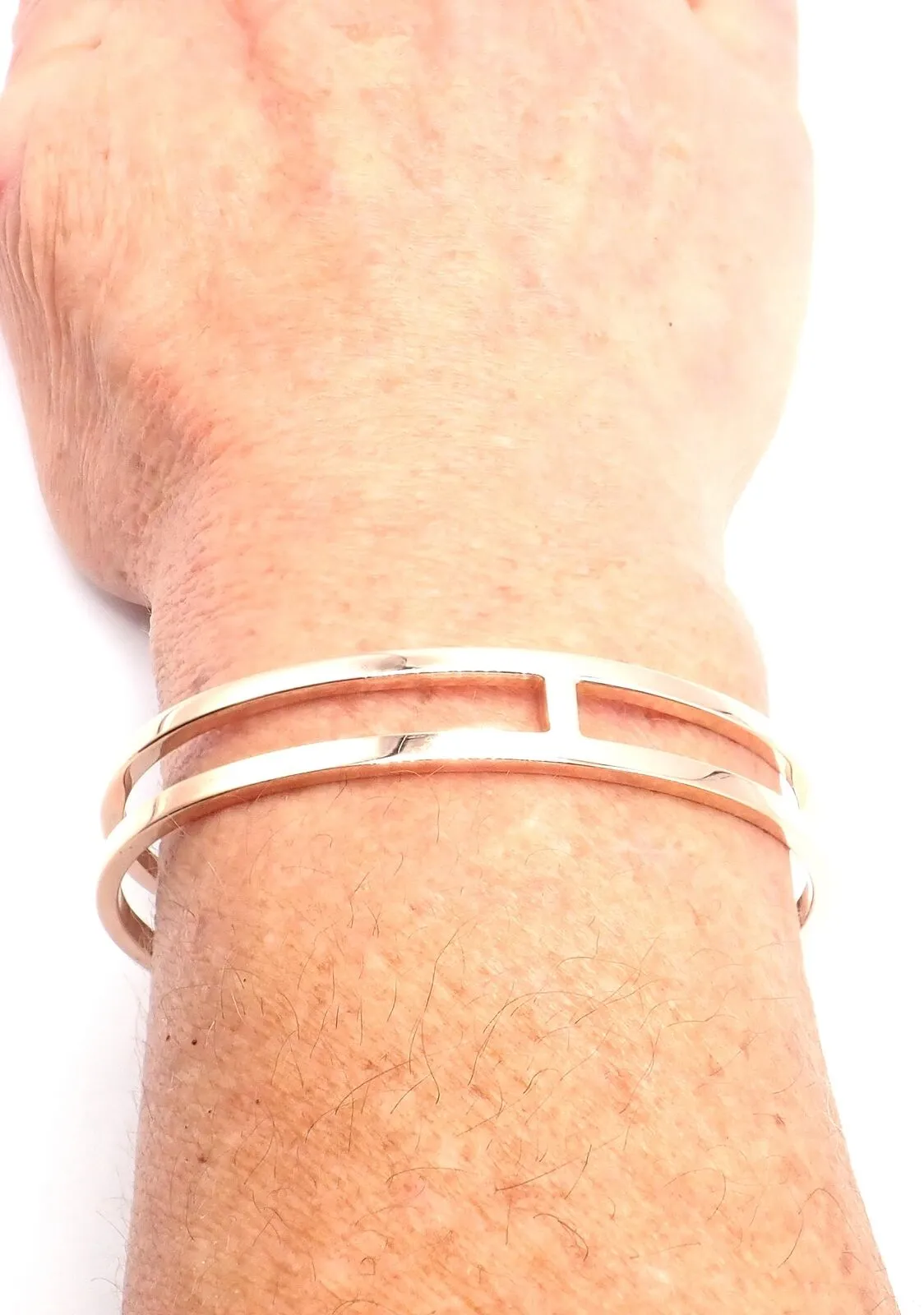 Authentic! Hermes 18k Rose Gold H Open Cuff Bangle Bracelet
