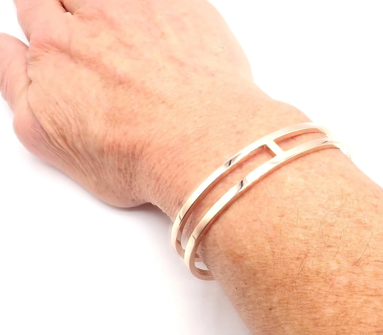 Authentic! Hermes 18k Rose Gold H Open Cuff Bangle Bracelet
