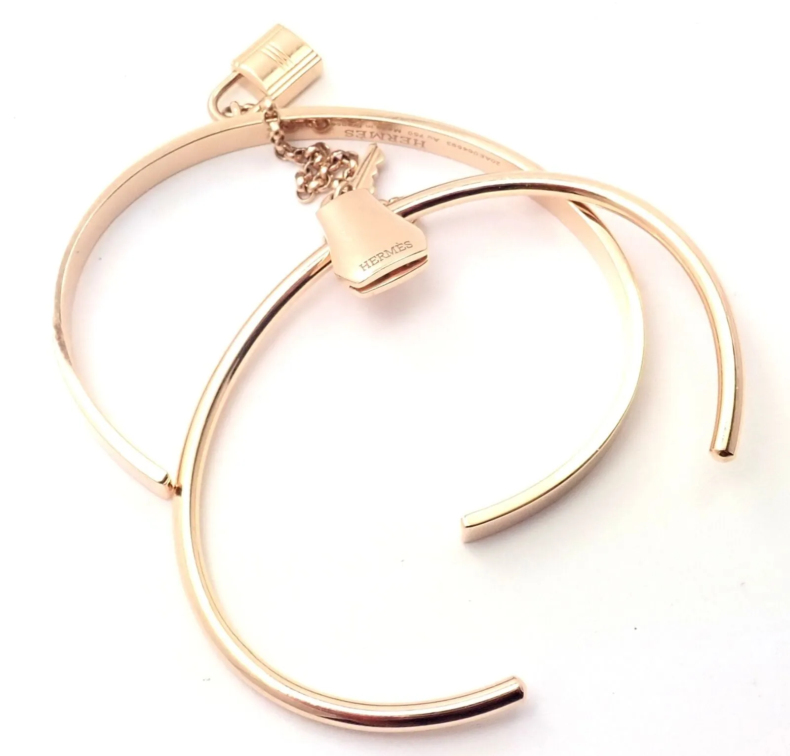 Authentic! Hermes 18K Rose Gold Kelly Clochette Double Cuff Bangle Bracelet
