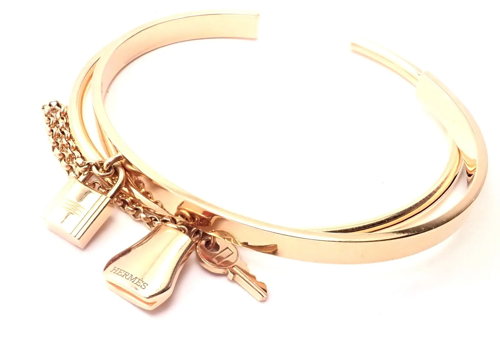 Authentic! Hermes 18K Rose Gold Kelly Clochette Double Cuff Bangle Bracelet