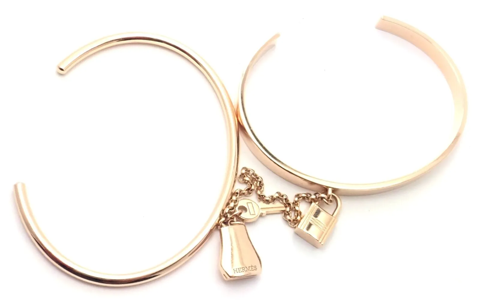 Authentic! Hermes 18K Rose Gold Kelly Clochette Double Cuff Bangle Bracelet