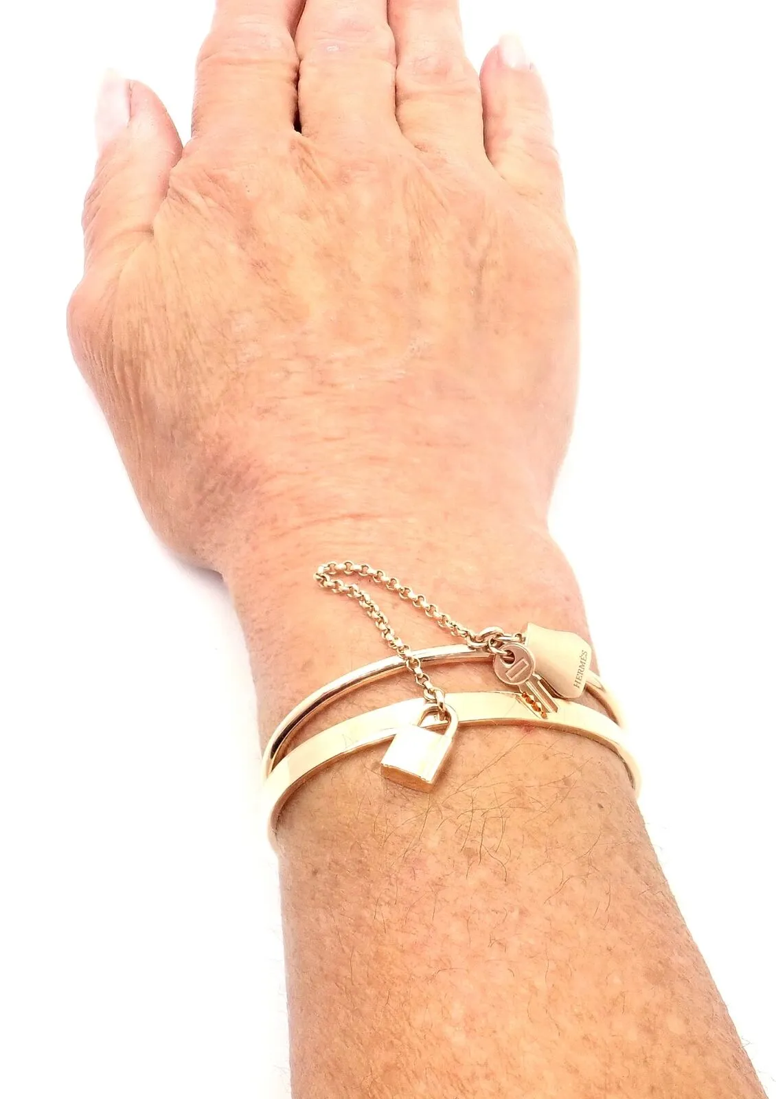 Authentic! Hermes 18K Rose Gold Kelly Clochette Double Cuff Bangle Bracelet