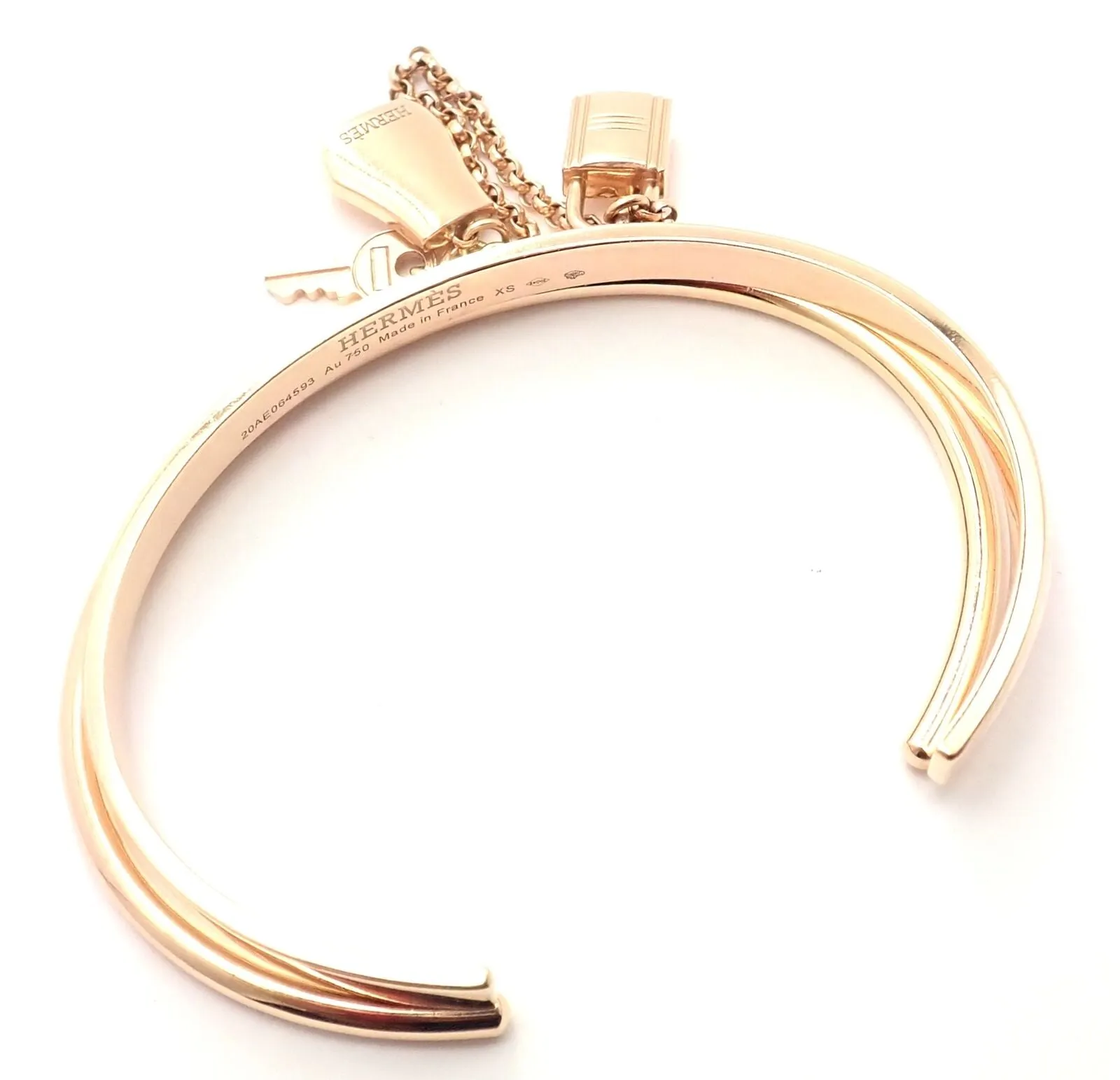 Authentic! Hermes 18K Rose Gold Kelly Clochette Double Cuff Bangle Bracelet