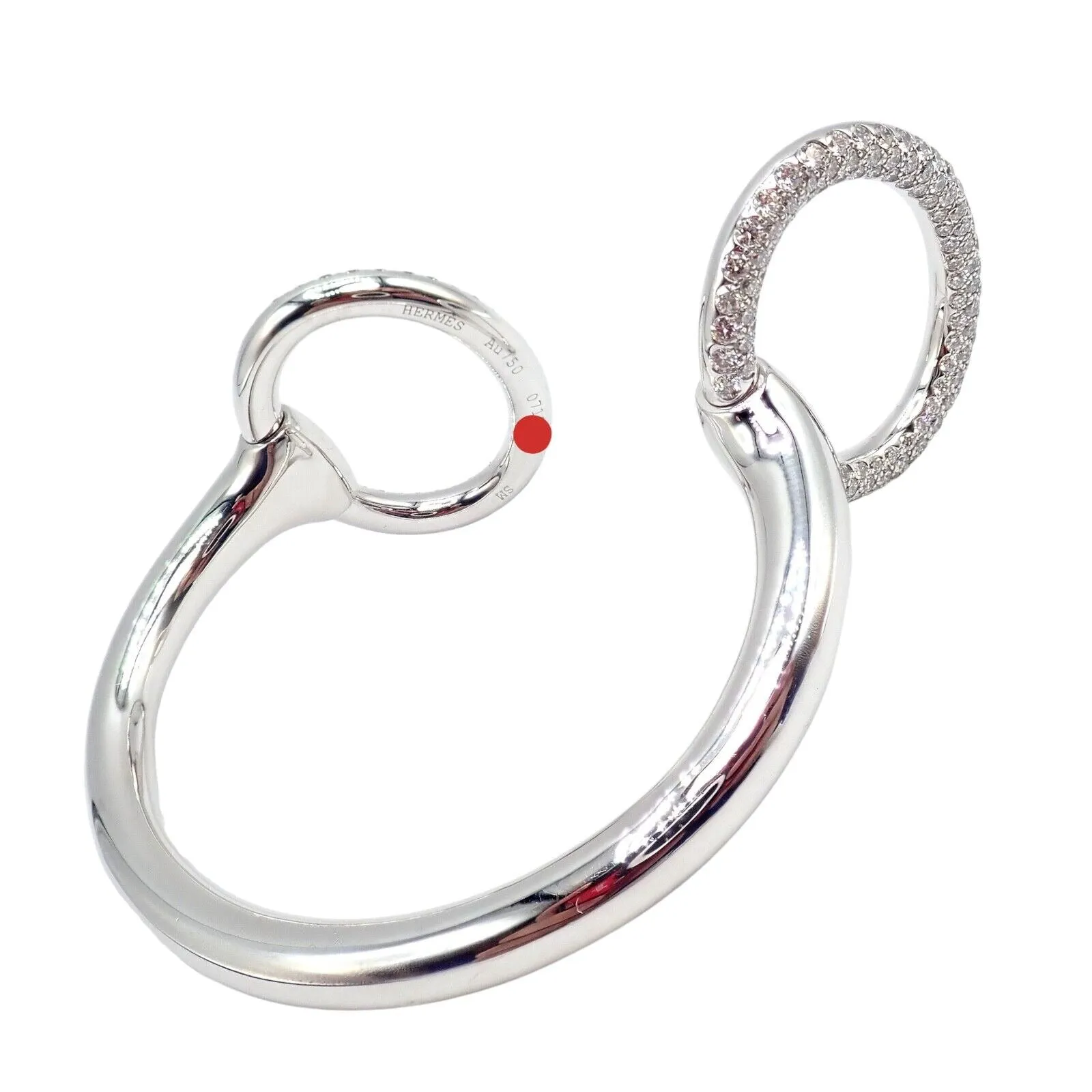 Authentic! Hermes Nausicaa 18K White Gold Diamond Horsebit Cuff Bangle Bracelet
