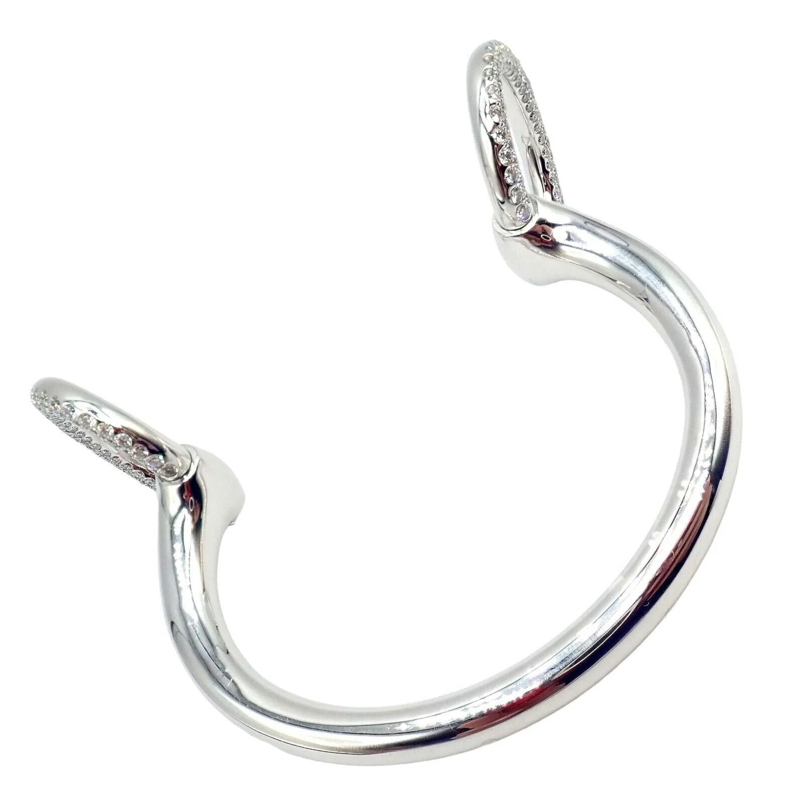 Authentic! Hermes Nausicaa 18K White Gold Diamond Horsebit Cuff Bangle Bracelet