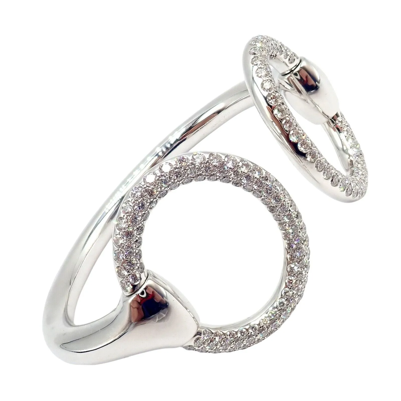 Authentic! Hermes Nausicaa 18K White Gold Diamond Horsebit Cuff Bangle Bracelet