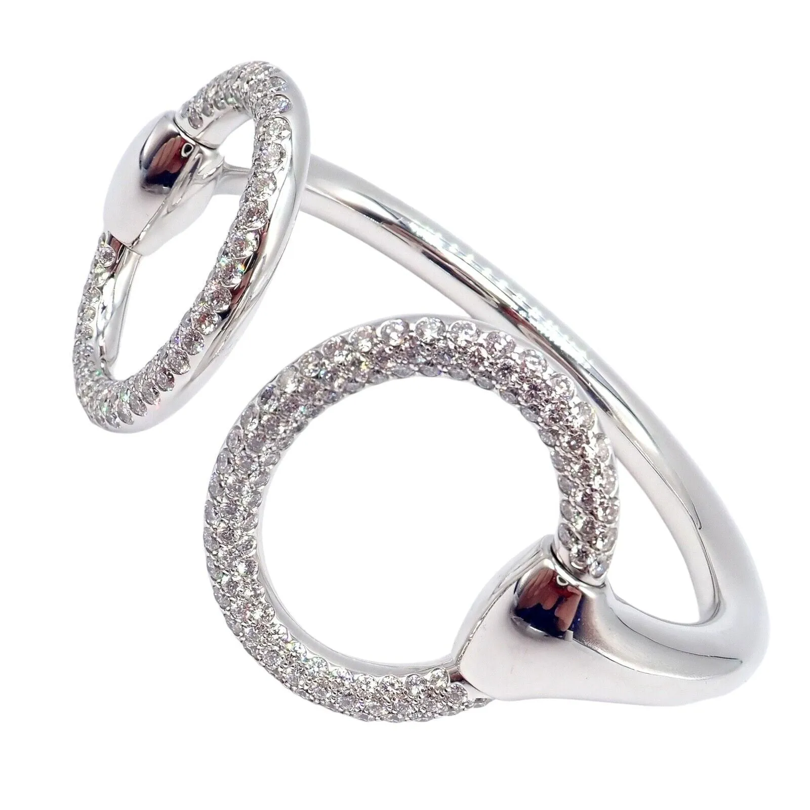 Authentic! Hermes Nausicaa 18K White Gold Diamond Horsebit Cuff Bangle Bracelet