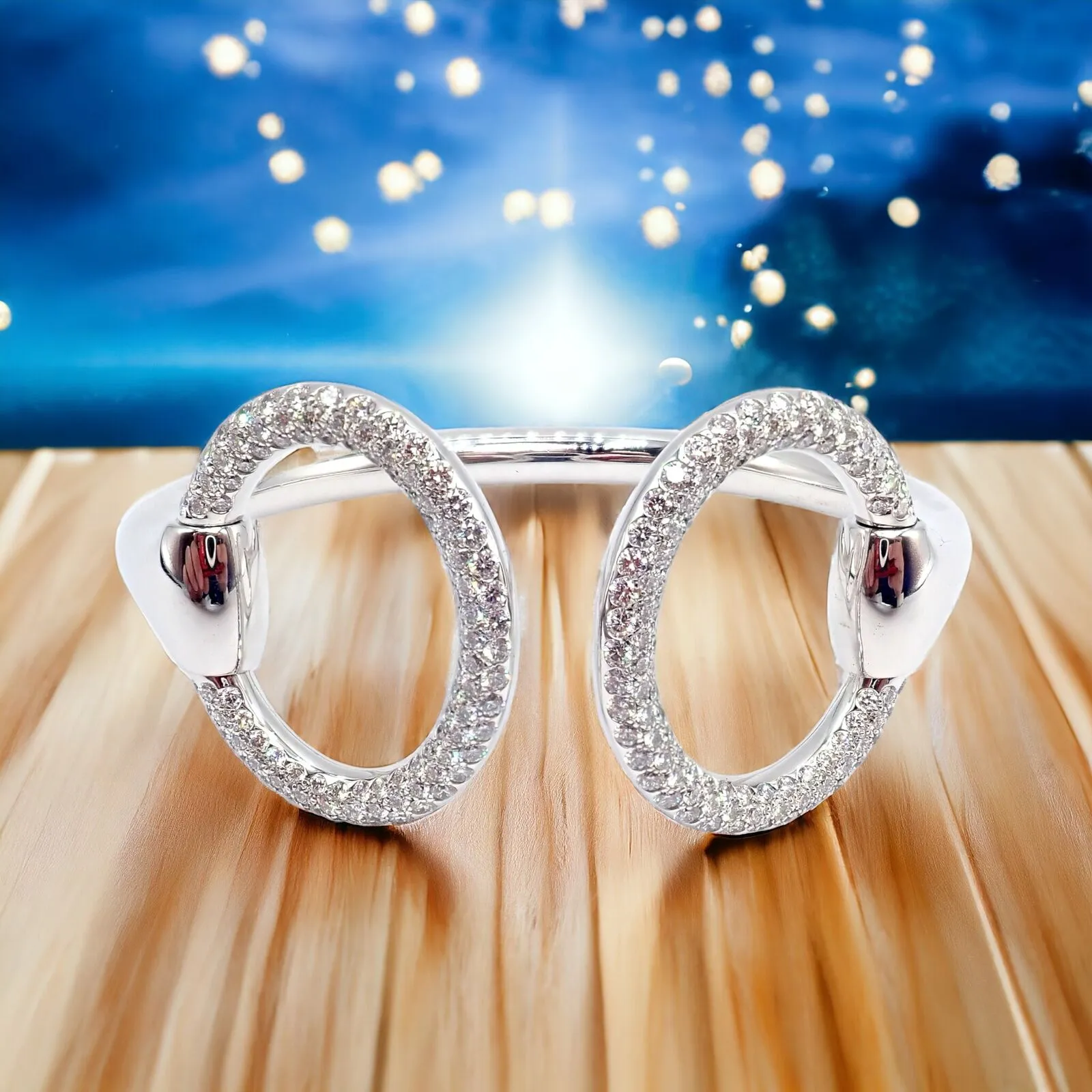 Authentic! Hermes Nausicaa 18K White Gold Diamond Horsebit Cuff Bangle Bracelet