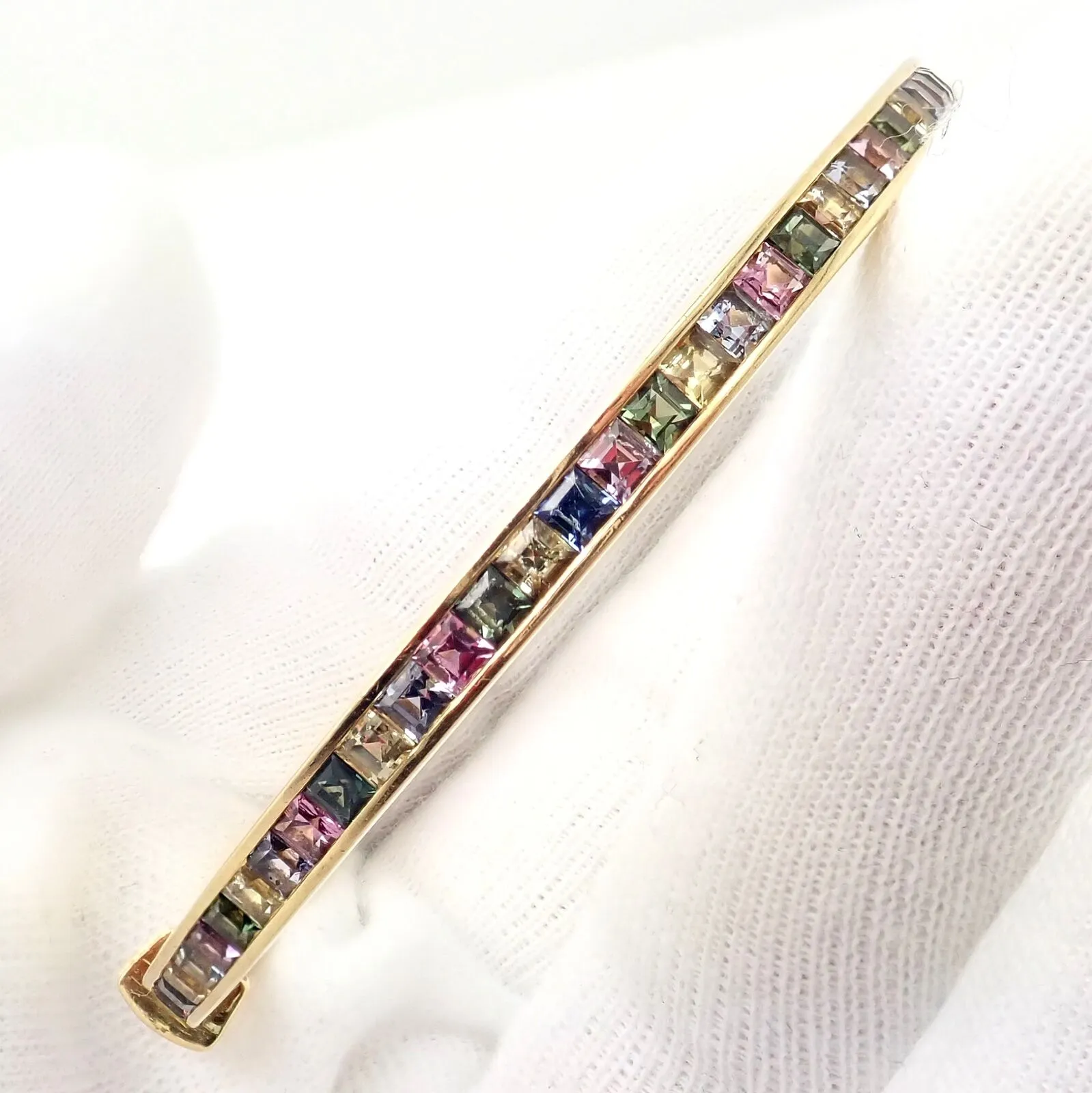 Authentic! Julius Cohen 18k Yellow Gold Diamond Pastel Color Stone Cuff Bracelet