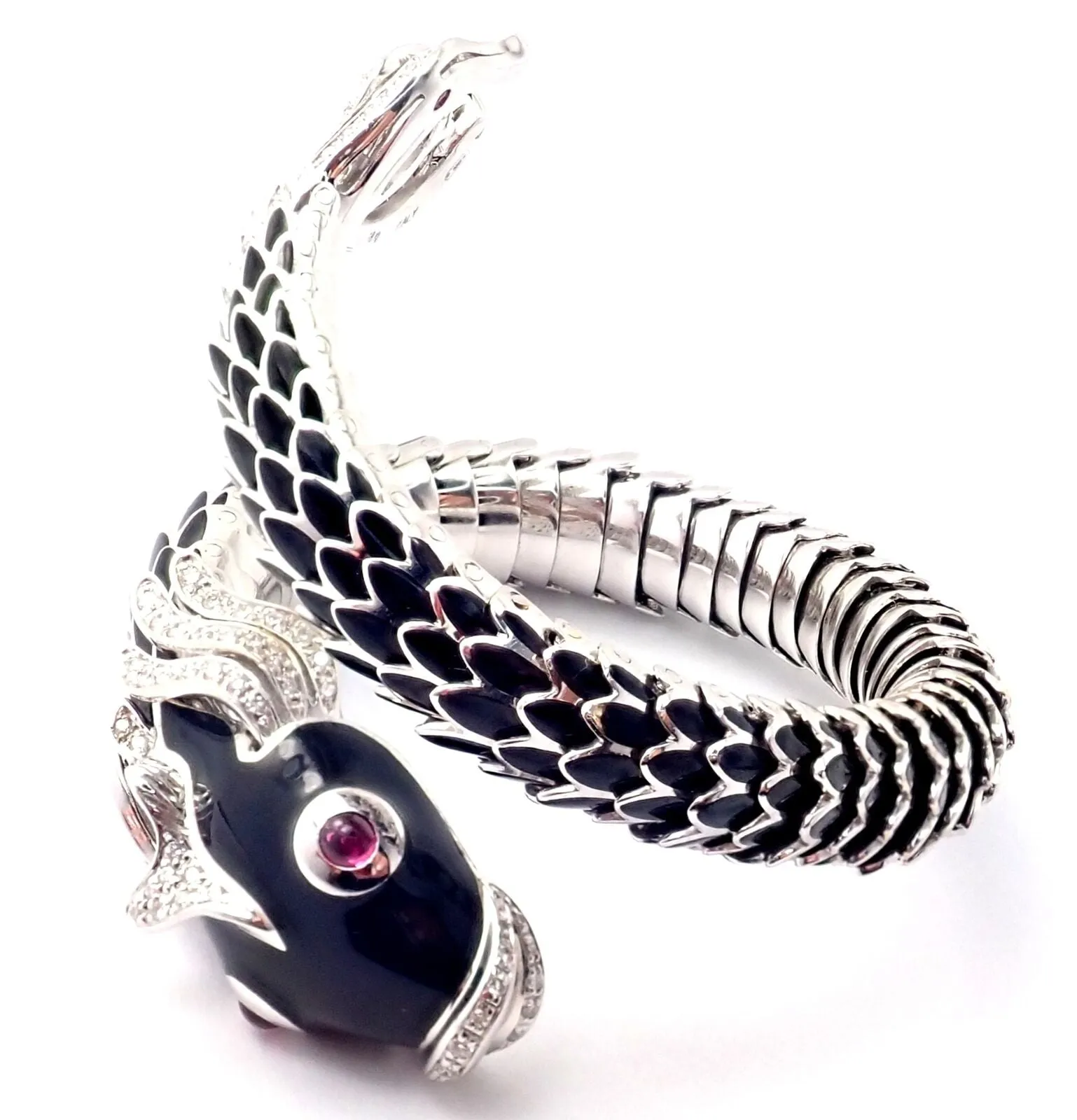 Authentic! Roberto Coin Nemo 18k White Gold Diamond Ruby Enamel Cuff Bracelet