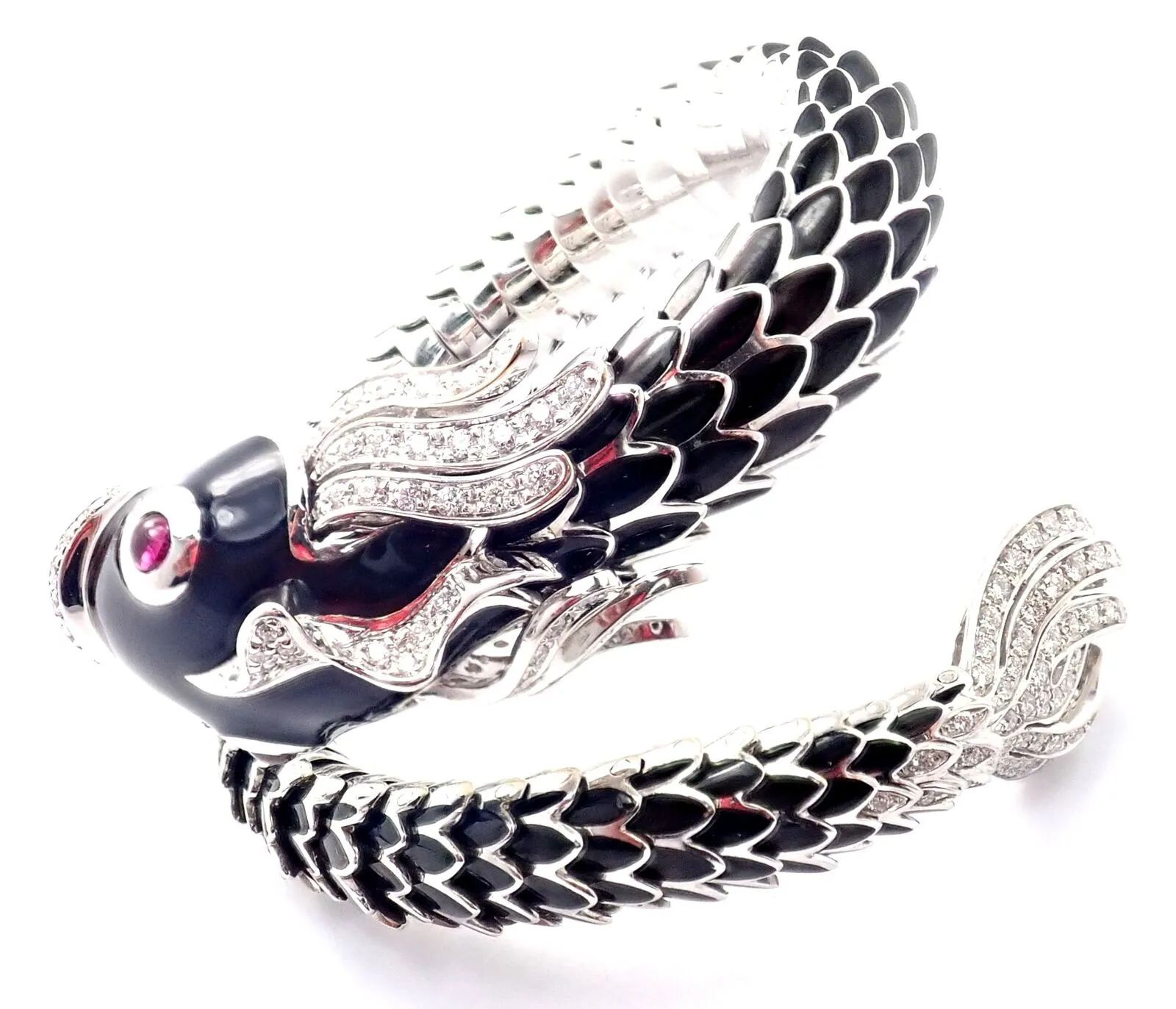 Authentic! Roberto Coin Nemo 18k White Gold Diamond Ruby Enamel Cuff Bracelet