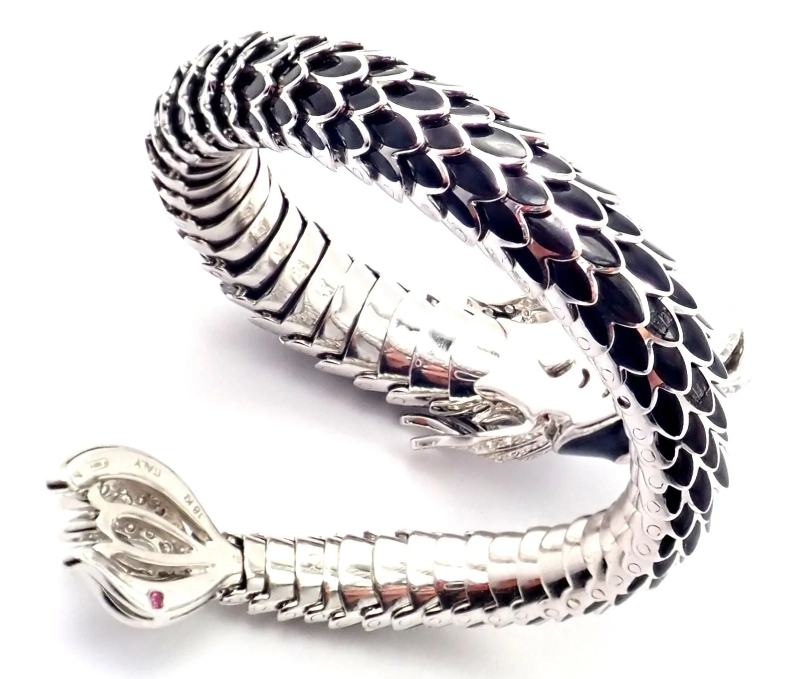 Authentic! Roberto Coin Nemo 18k White Gold Diamond Ruby Enamel Cuff Bracelet