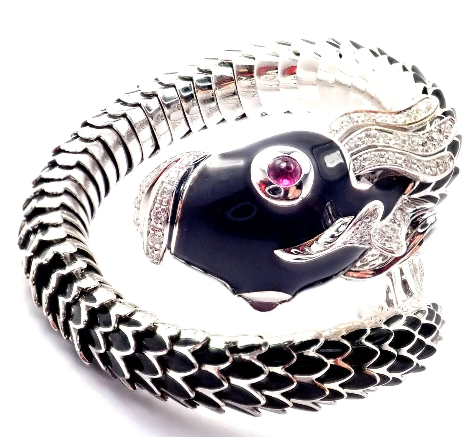 Authentic! Roberto Coin Nemo 18k White Gold Diamond Ruby Enamel Cuff Bracelet