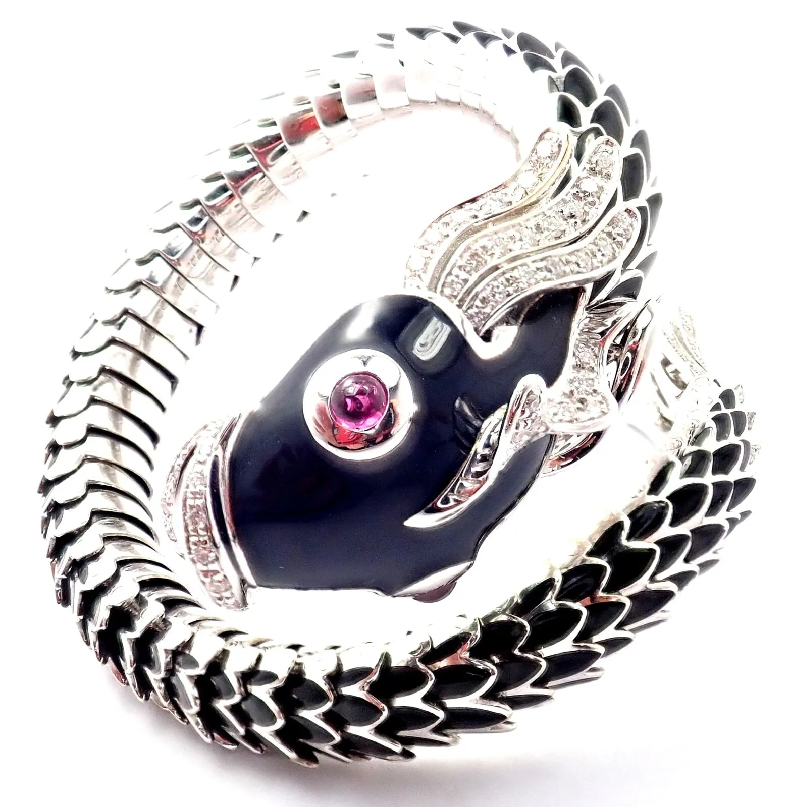 Authentic! Roberto Coin Nemo 18k White Gold Diamond Ruby Enamel Cuff Bracelet