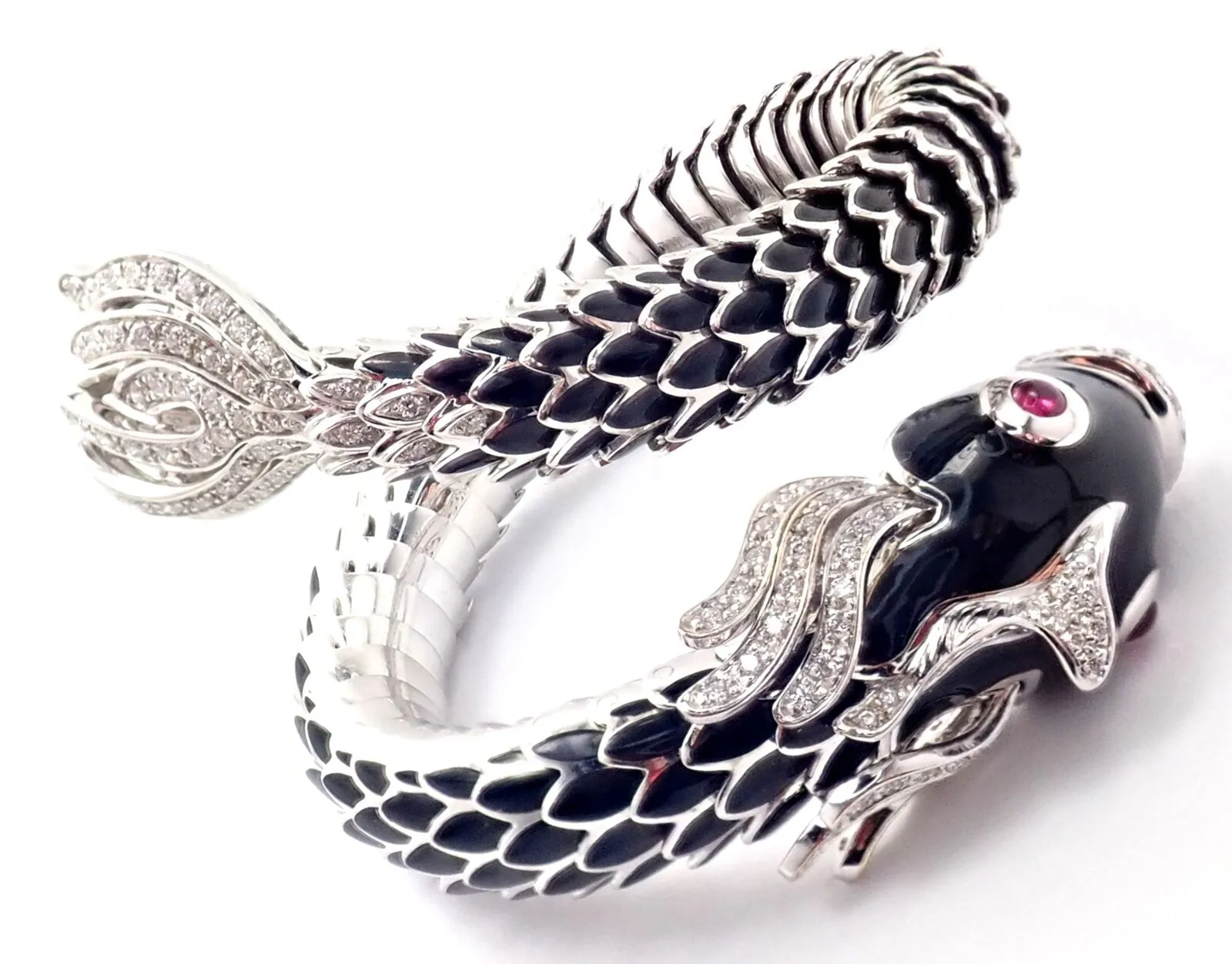 Authentic! Roberto Coin Nemo 18k White Gold Diamond Ruby Enamel Cuff Bracelet