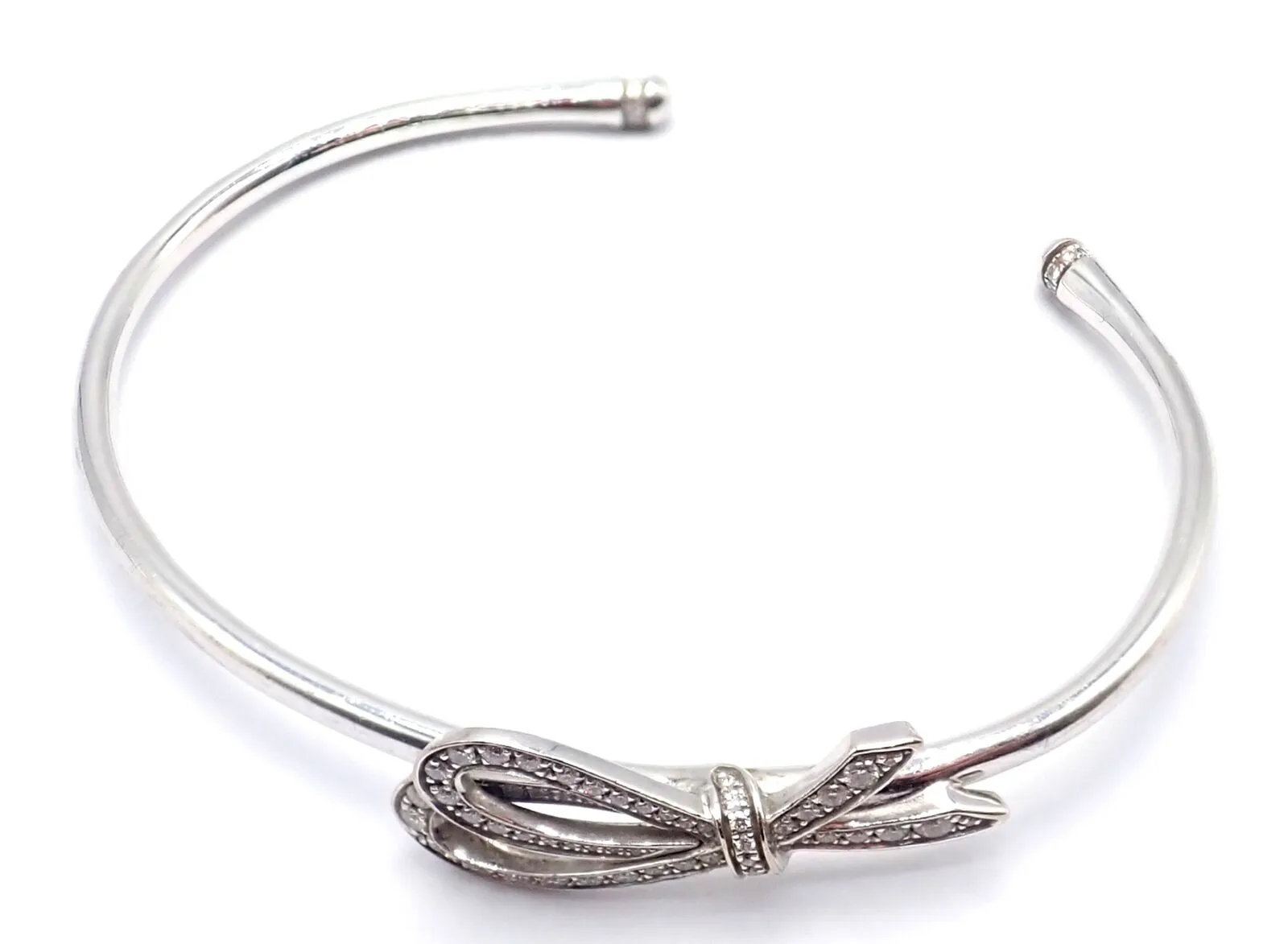 Authentic! Tiffany & Co 18k White Gold Diamond Bow Ribbon Bangle Cuff Bracelet