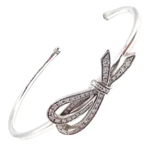 Authentic! Tiffany & Co 18k White Gold Diamond Bow Ribbon Bangle Cuff Bracelet