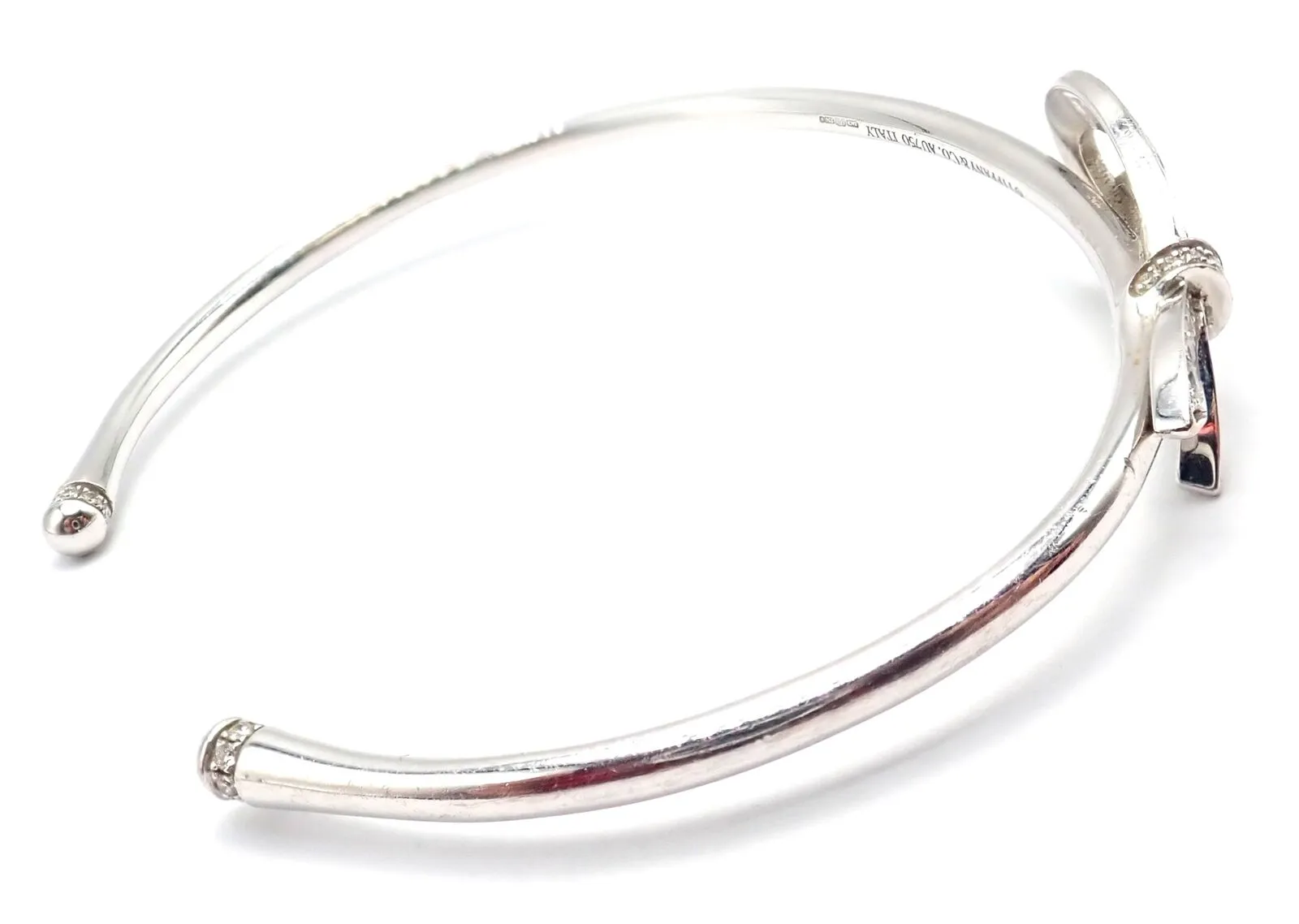 Authentic! Tiffany & Co 18k White Gold Diamond Bow Ribbon Bangle Cuff Bracelet