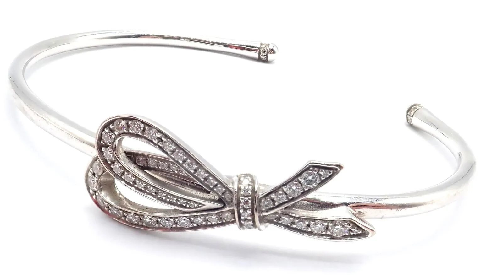 Authentic! Tiffany & Co 18k White Gold Diamond Bow Ribbon Bangle Cuff Bracelet