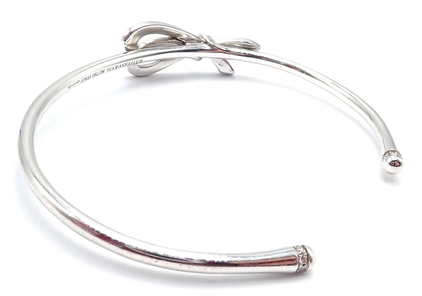 Authentic! Tiffany & Co 18k White Gold Diamond Bow Ribbon Bangle Cuff Bracelet