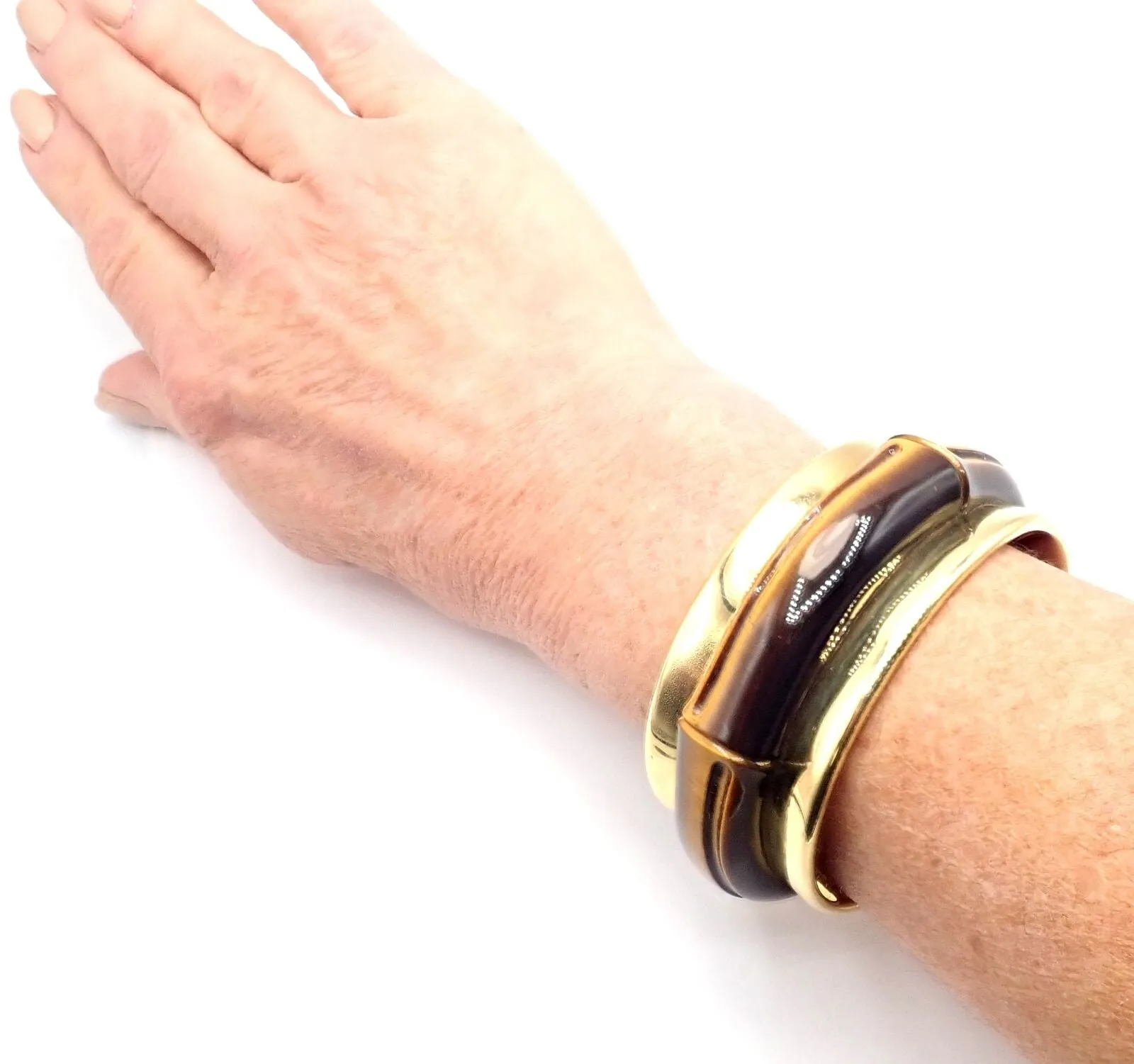 Authentic! Tiffany & Co 18k Yellow Gold Tiger Eye Bangle Cuff Wide Bracelet 2002