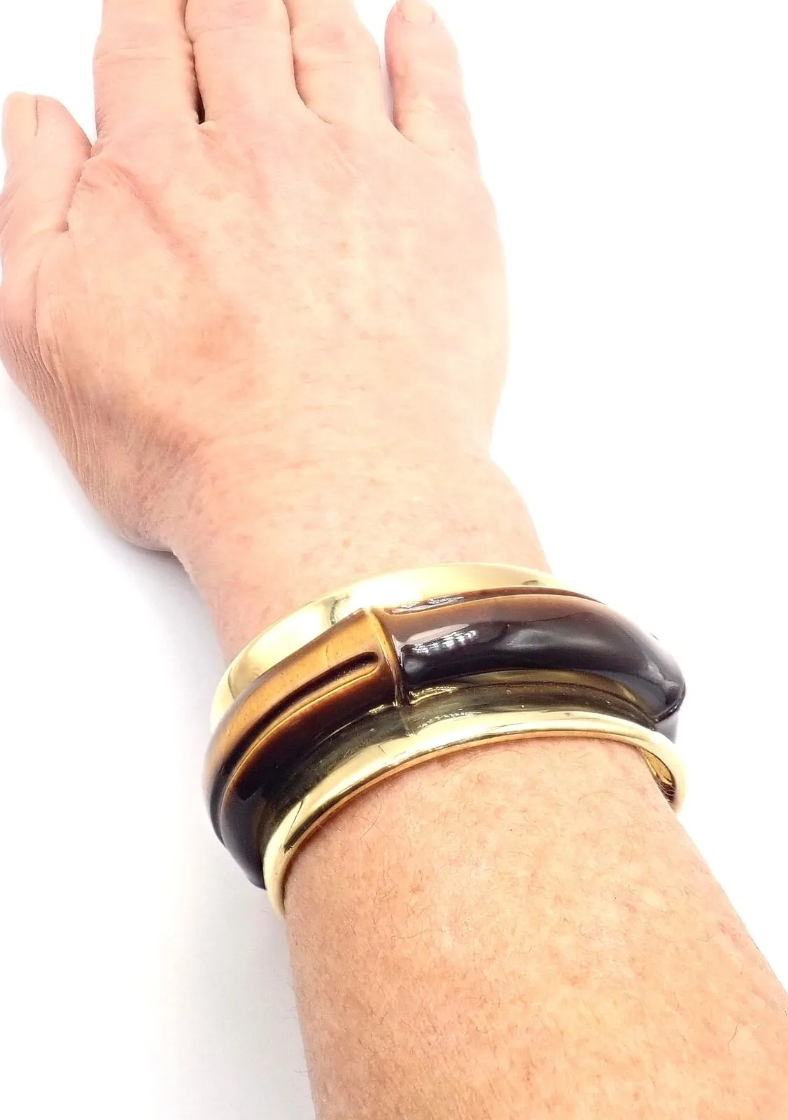 Authentic! Tiffany & Co 18k Yellow Gold Tiger Eye Bangle Cuff Wide Bracelet 2002
