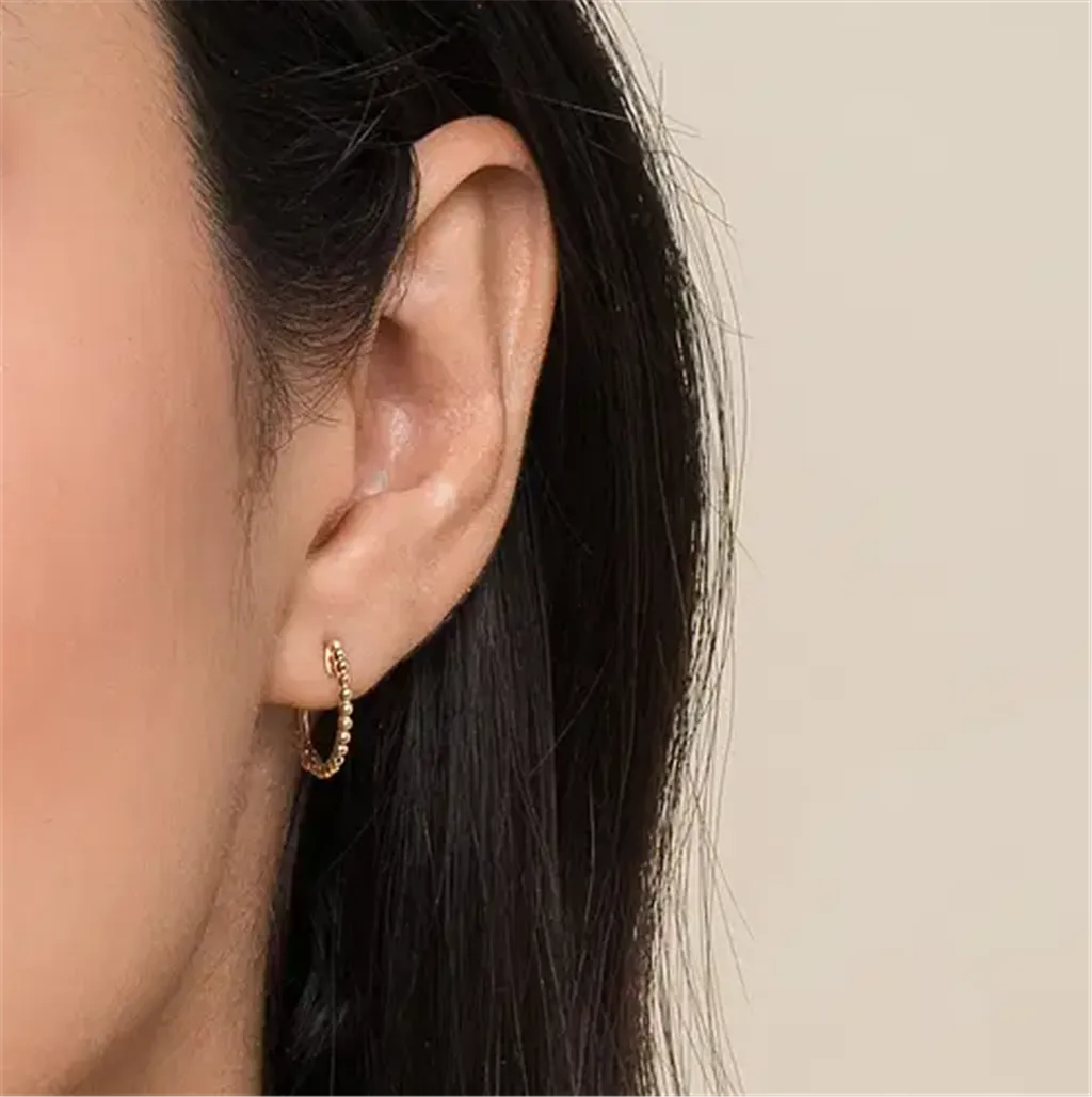 Bujukan Bead Huggie Hoop Earrings  14K Yellow Gold