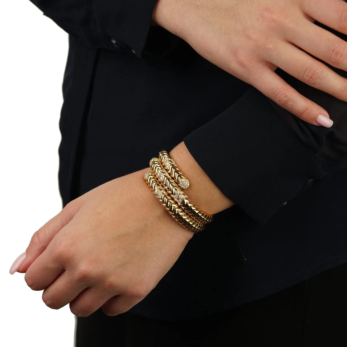 Bulgari Spiga Triple Row Diamond Yellow Gold Cuff