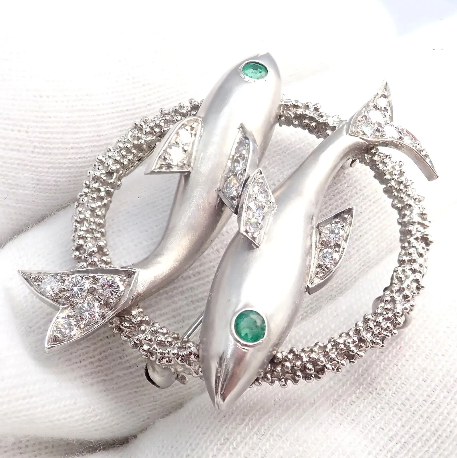 Cartier 18k White Gold Platinum Diamond Emerald Zodiac Pisces Fish Brooch Pin